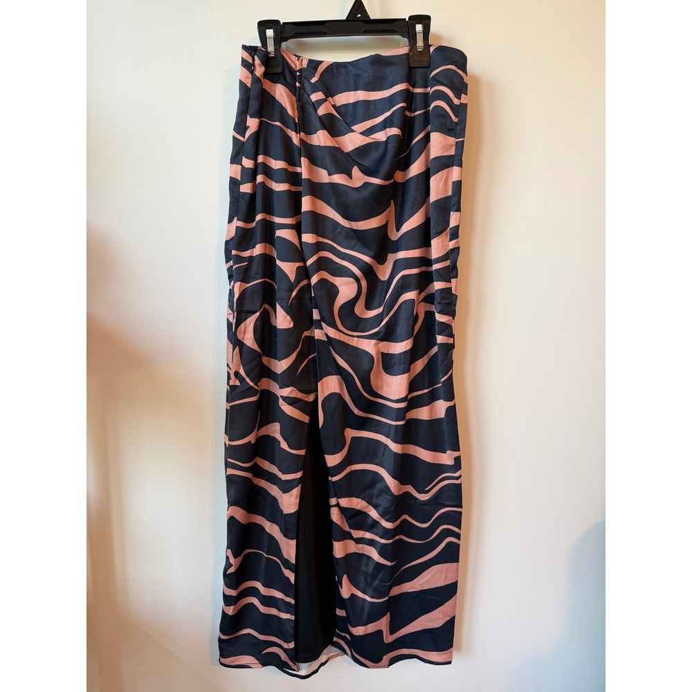 Dee Elly Navy Blue Peach Abstract Swirl Print Maxi Skirt with Front Slit Size M